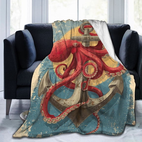 Octopus Blanket Distressed Retro Sea Monster Anchor Throw For Recliner Den Living Space Decor 50x40