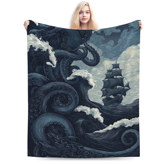 Octopus Blanket Kraken Pirate Ship Vintage Engraving Nautical Waves Library Sailboat Armchair Throw 50x40