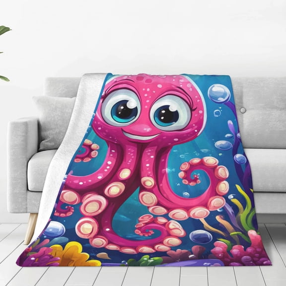 Octopus Blanket, Vibrant Pink Flannel Throw, Soft Warm Blanket for Bed Couch & Travel, 50x40