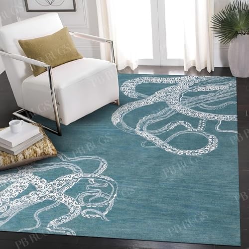 Octopus Blue 3'x5′ Area Rug Handcrafted Motif Floral Design Oriental Traditional Design Non-Shedding Fine Wool Pile & Easy-Care Areas in Living Room Bedroom