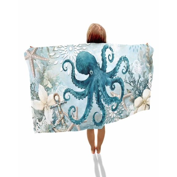 Octopus Blue Beach Towels Oversized Super Absorbent, Coastal Starfish Nautical Anchor Flower Lightweight Bath Towel Quick Dry Sets For Bathroom/Pool/Rv Camping/Beach Play/Gym Room/Picnic 23"x47"