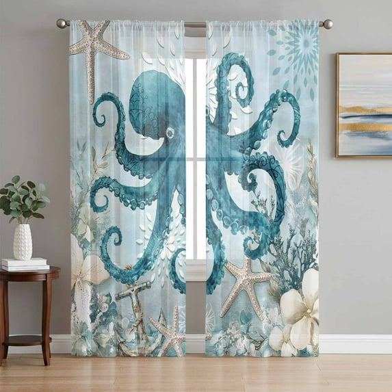 Octopus Blue Semi Sheer Window Curtains 84 Inches Long, Coastal Starfish Nautical Anchor Flower Rod Pocket Voile Silky Chiffon Curtain Light Filtering Drapes for Living Room, 52"x84", 2 Panels