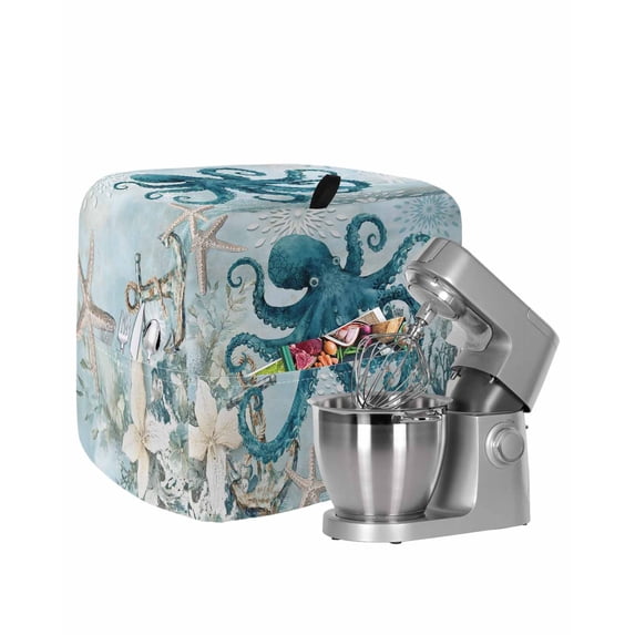 Octopus Blue Stand Mixer Dust Cover with Storage Pocket & Handles,Coastal Starfish Nautical Anchor Flower Fits All Tilt Head & Bowl Lift Kitchen Appliance Cover Organizer Bag Accessories,4.5-5 Quart