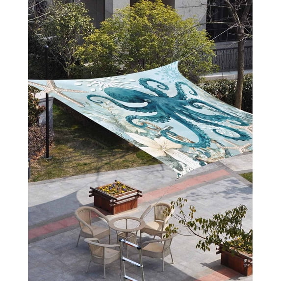 Octopus Blue Sun Shade Sail 8'x10' Rectangle Outdoor Shade Canopy, Coastal Starfish Nautical Anchor Flower Porch Shades Outdoor Sun Blocking Screen, Sunshade Cloth Covers for Patio/Deck/Garden