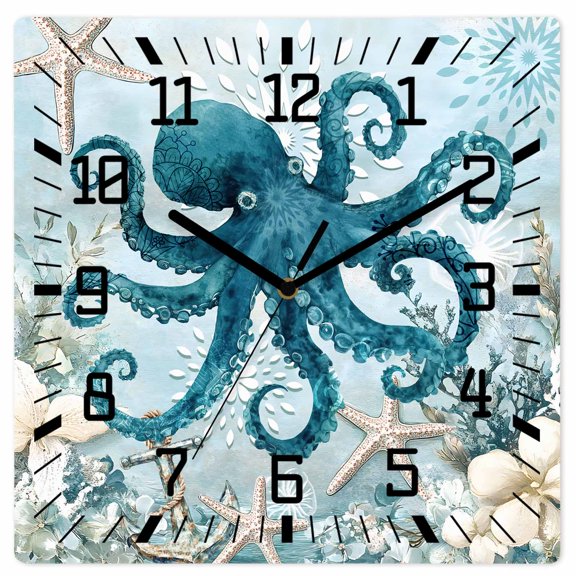 Octopus Blue Wooden Wall Clock Silent Non Ticking, Coastal Starfish Nautical Anchor Flower Square Wall Clocks Battery Operated, Decor Clock for Home Office, Living Room, Kitchen, 10 Inch
