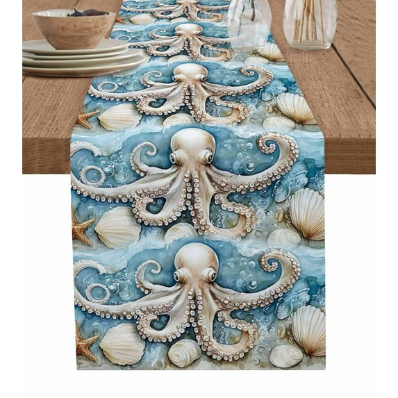 Octopus Burlap Cotton Table Runner 13x108 Inches Long, Coastal Ocean Starfish Shell Blue Watercolor Farmhouse Table Runners, Outdoor Dining Tablecloths Decor for Baby Shower/Party/Wedding