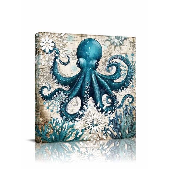 Octopus Canvas Wall Art, Nautical Navy Blue Kraken Coral Vintage Coastal Map Framed Wall Decor Modern Artwork Prints Painting for Living Room, Bedroom, Kitchen & Cafe Decor 16x16 Inch