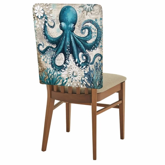 Octopus Chair Back Covers Set of 1, Nautical Navy Blue Kraken Coral Vintage Coastal Map Stretch Dining Chair Back Slipcovers Removable Seat Cover for Kitchen Restaurant Hotel Cafe