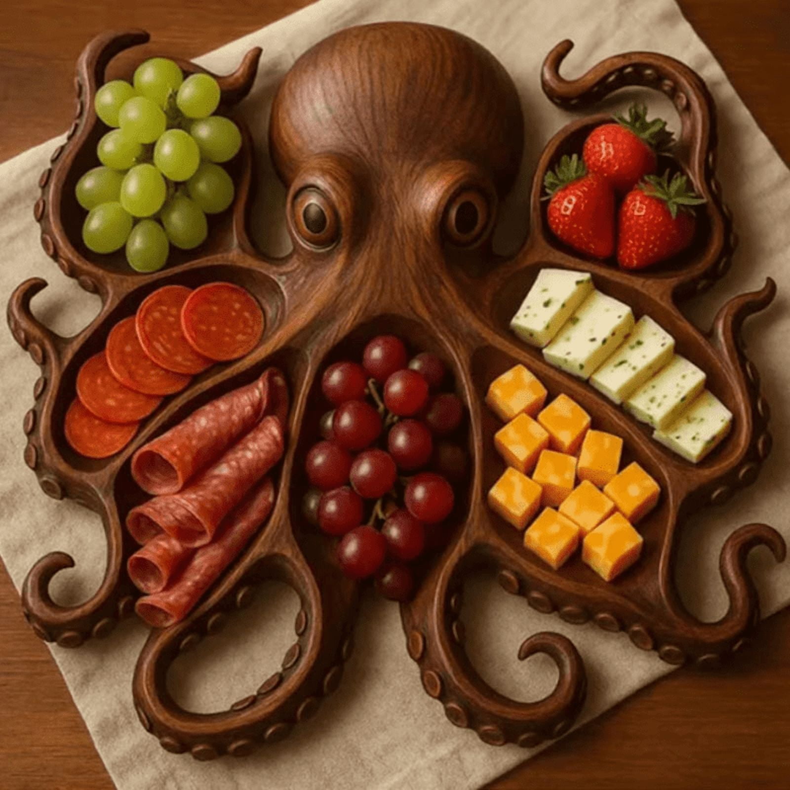 Octopus Charcuterie Platter – Ocean Themed Cheese and Bread Serving Board for Parties, Kitchen, and Home Decor