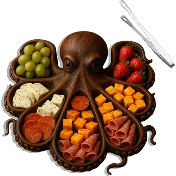 Octopus Charcuterie Platter - Ocean Themed Serving Board with 8 Tentacles for Cheese, Meats & Fruits, Unique Gift Seafood Lovers(brown-A)