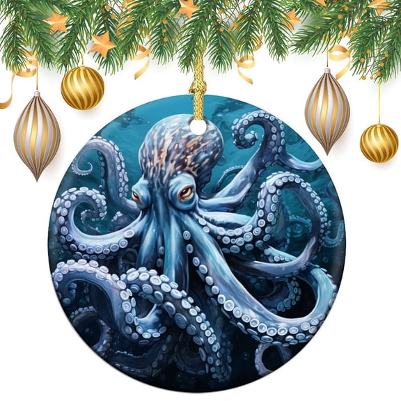 Octopus Christmas Ceramic Ornament Ocean Theme Ceramic Double Sided Tree Xmas Ornament Christmas Tree Decoration Indoor Outdoor Yard Gifts Keepsake for Family