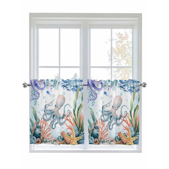 Octopus Coastal 2 Panel Kitchen Curtains for Small Windows, Summer Nautical Starfish Coral Ocean Bathroom Tier Curtain, Short Window Treatment for Bedroom/Living Room 55"x24"