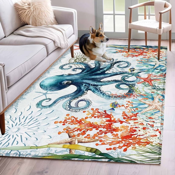 Octopus Coastal Area Rug 3x5 Washable Rug Non Slip Summer Beach Ocean Coral Starfish Large Area Rug Indoor Floor Carpet for Entryway Bedroom Kitchen Living Room Home Office Dining Room Nursery