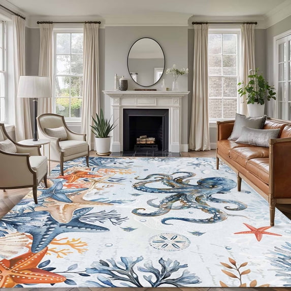 Octopus Coastal Area Rugs 5'x8', Washable Small Throw Rugs for Classroom Bedroom, Summer Beach Coral Starfish Blue Ombre Indoor Outdoor Rug Non-Slip Low Pile Carpet Runner Reversible Floor Mats