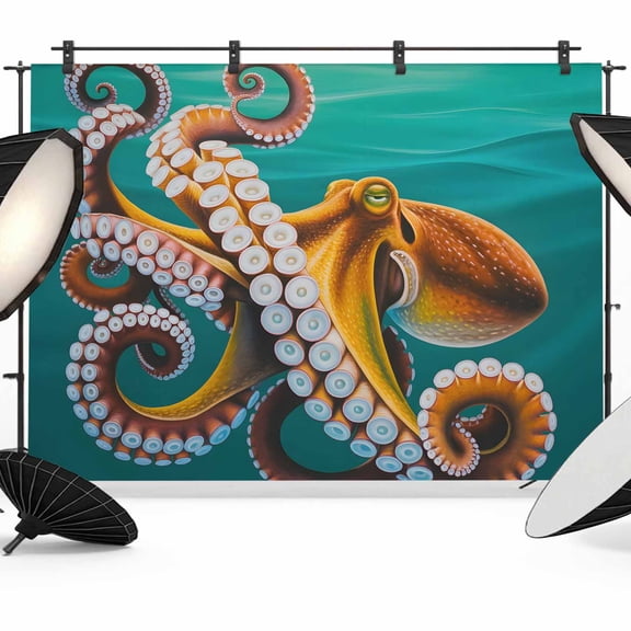 Octopus Coastal Backdrop for Photoshoot,Photography Photo Studio Background Wall Backdrop,Brown Teal Nautical Summer Ocean Back Drop Banner Panel for Portraits Wedding Live Streaming Decor 8x6Ft