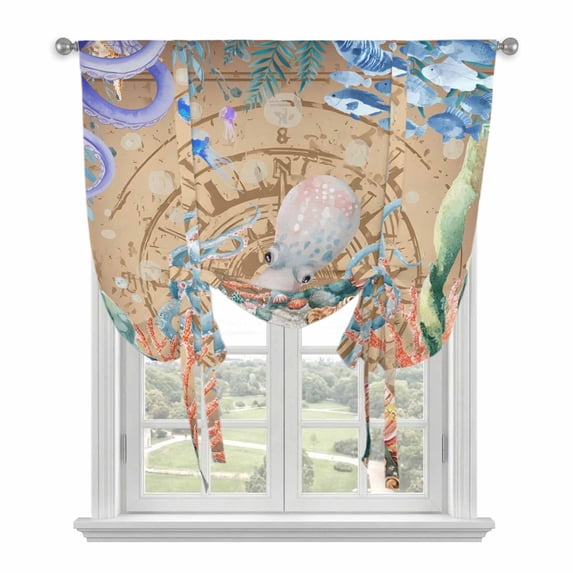 Octopus Coastal Balloon Curtains 63 Inch Length for Living Room/Bedroom, Summer Nautical Starfish Coral Brown Anchor Rod Pocket Privacy Door Curtains Decorative Tie Up Shade for Window 52"x63"