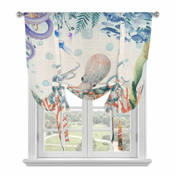Octopus Coastal Balloon Curtains for Bedroom/Front Door/Bathroom, Summer Nautical Starfish Coral Beige Tie Up Curtains 63 Inch Length Light Filtering Kitchen Curtains Shades for Windows 46"x63"