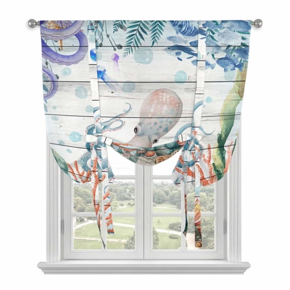 Octopus Coastal Balloon Curtains for Windows, Bedroom Curtains 54 Inch Length, Summer Nautical Starfish Coral Grey Wooden Tie Up Curtains Panels Thermal Insulated Bathroom Curtains Window 42"x54"