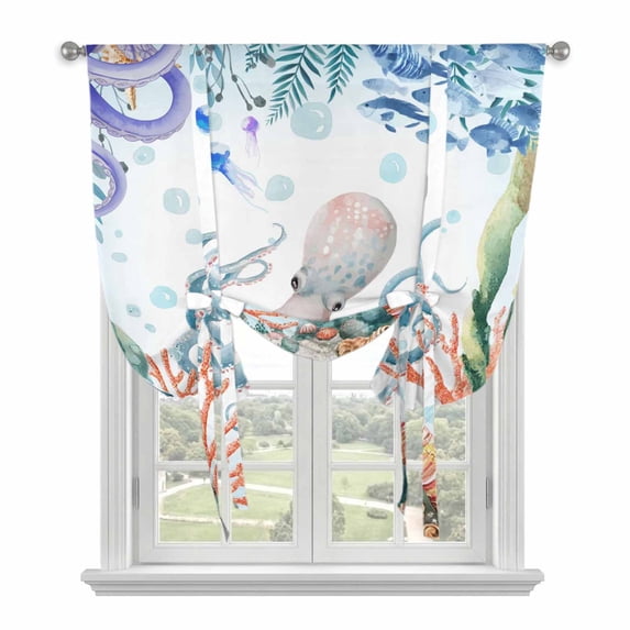 Octopus Coastal Balloon Curtains for Windows, Bedroom Curtains 54 Inch Length, Summer Nautical Starfish Coral Ocean Tie Up Curtains Panels Thermal Insulated Bathroom Curtains Window 42"x54"