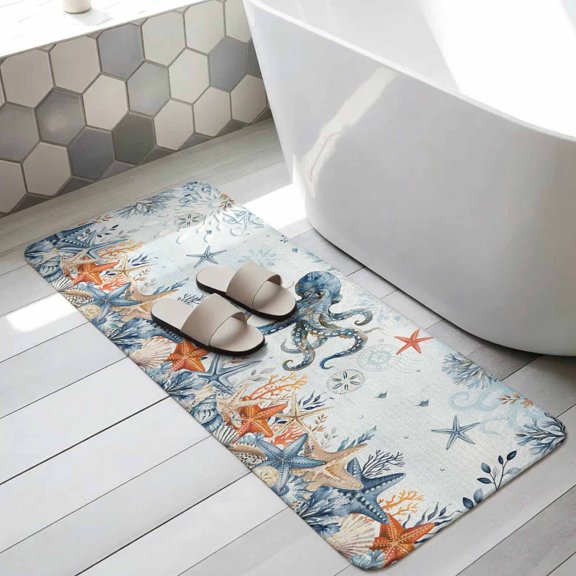 Octopus Coastal Bathroom Runner Rugs Non Slip Washable Absorbent Narrow Long Bath Mat Summer Beach Coral Starfish Blue Ombre Runner Rugs for Kitchen Hallway Bedroom Laundry Study Room 31.5"x78.7"