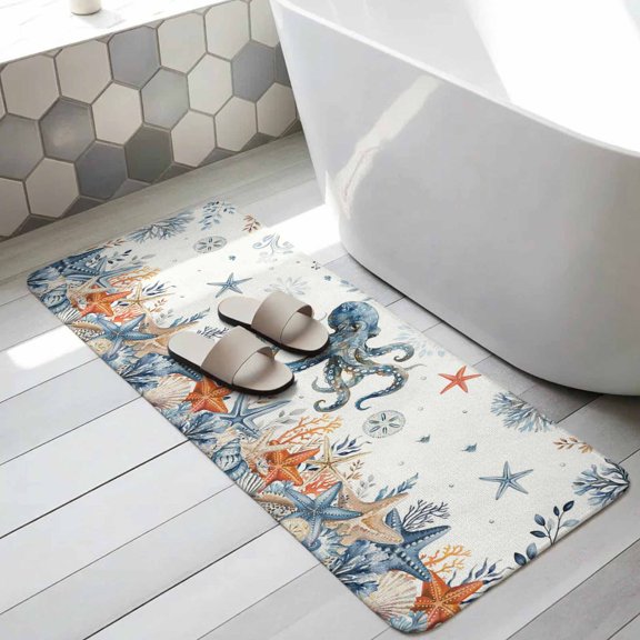 Octopus Coastal Bathroom Runner Rugs Non Slip Washable Absorbent Narrow Long Bath Mat Summer Beach Coral Starfish Ocean Runner Rugs for Kitchen Hallway Bedroom Laundry Study Room 19.7"x63"