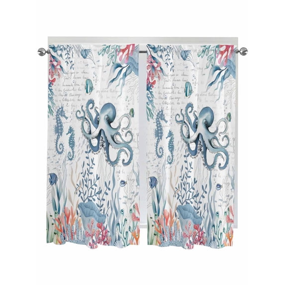 Octopus Coastal Bathroom Window Curtain, Beach Nautical Ocean Coral Seahorse Vintage Light Filtering Coffee Kitchen Curtains, Bedroom Living Room Curtains 2 Panel 84"x63"