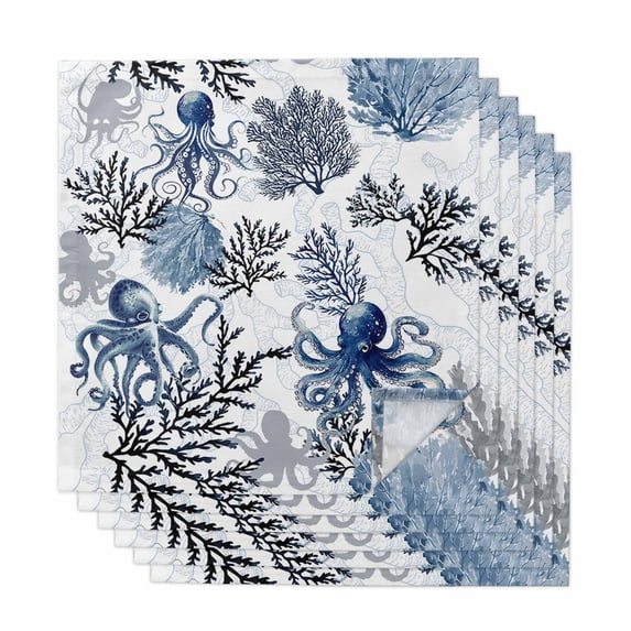 Octopus Coastal Cloth Napkins, Navy Blue Nautical Summer Ocean Washable and Reusable Dinner Napkins Set of 6, Table Napkin for Kitchen Party Birthday Wedding Hotel Housewarming 20"x20"