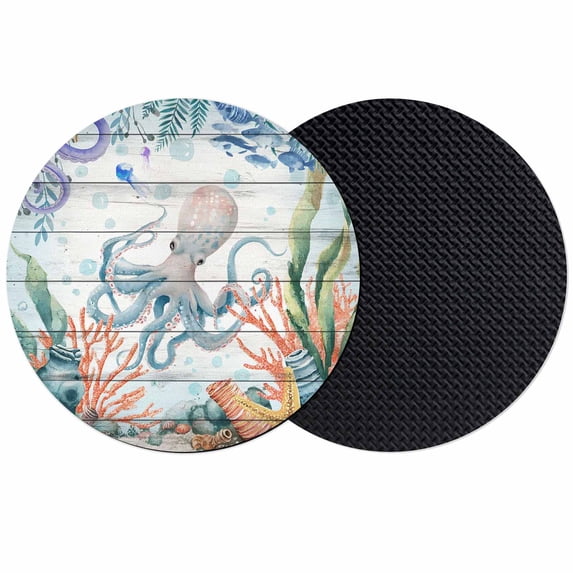 Octopus Coastal Coasters Set of 2, Absorbent Coasters for Drinks, Summer Nautical Starfish Coral Grey Wooden Coaster for Desk Coffee Table Protection, Home Decor House Warming Gifts 4"