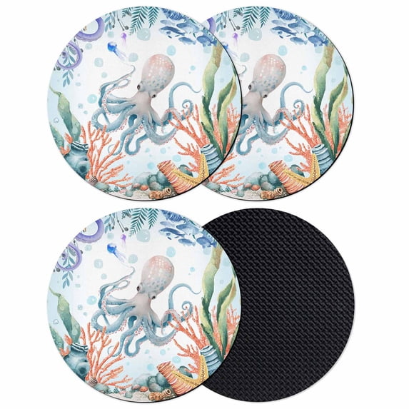 Octopus Coastal Coasters Set of 4, Absorbent Coasters for Drinks, Summer Nautical Starfish Coral Ocean Coaster for Desk Coffee Table Protection, Home Decor House Warming Gifts 4"