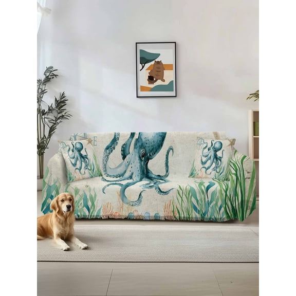 Octopus Coastal Couch Cover, Vintage Nautical Ocean Starfish Compass Oversized Sofa Cover Blanket for 3 Cushion Couch,Sectional Sofa Slipcover Furniture Protector for Living Room Bedroom 71''x150''