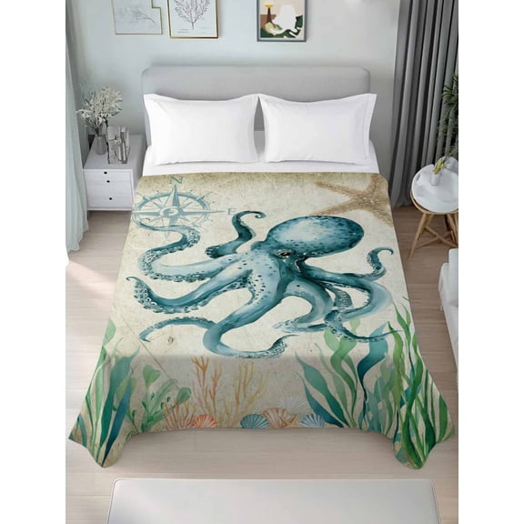 Octopus Coastal King Size Flat Sheet, Wrinkleproof & Fadeproof Cooling Flat Bed Sheet Only, Vintage Nautical Ocean Starfish Compass Breathable Soft Bedding Top Sheets 105 x 98 Inches