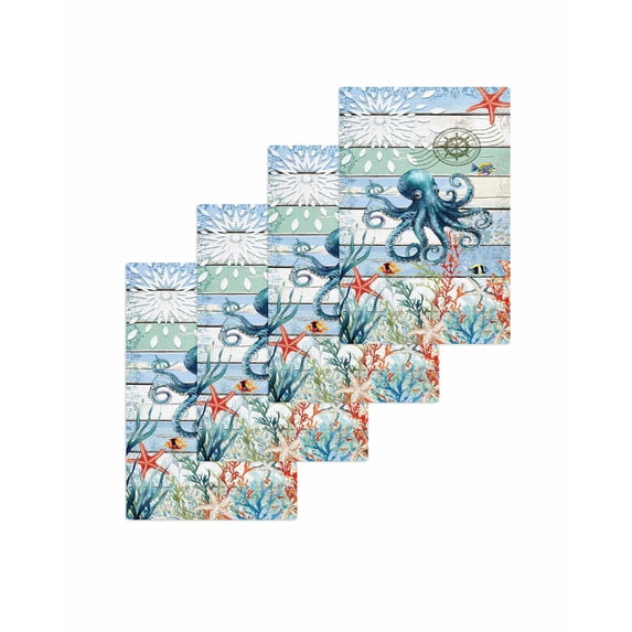 Octopus Coastal Kitchen Dish Towels for Drying Dishes Set of 4, Summer Beach Ocean Coral Wooden Waffle Weave Microfiber Terry Hand Tea Bathroom Towels Quick Dry & Absorbent Towel 15.7x23.6