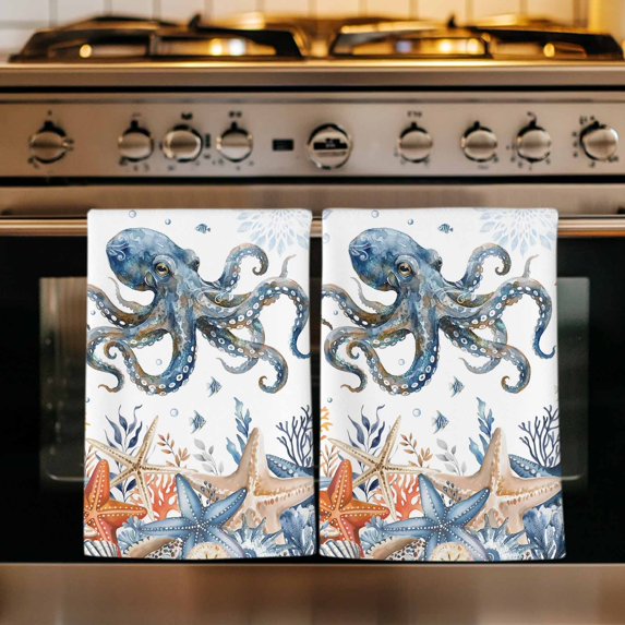 Octopus Coastal Kitchen Towels Set of 1, Summer Beach Coral Starfish Ocean Absorbent Dish Towels for Kitchen, Microfiber Hand Towel, Quick Drying Tea Towel for Cleaning Decorative Dishcloths