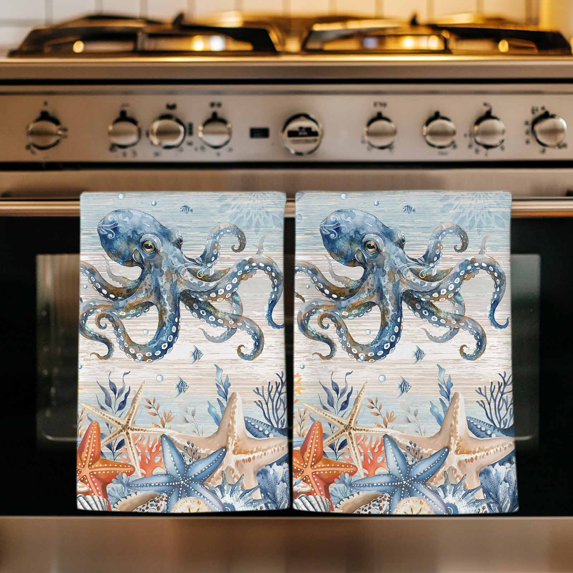 Octopus Coastal Kitchen Towels Set of 2, Summer Beach Coral Starfish Blue Grey Absorbent Dish Towels for Kitchen, Microfiber Hand Towel, Quick Drying Tea Towel for Cleaning Decorative Dishcloths