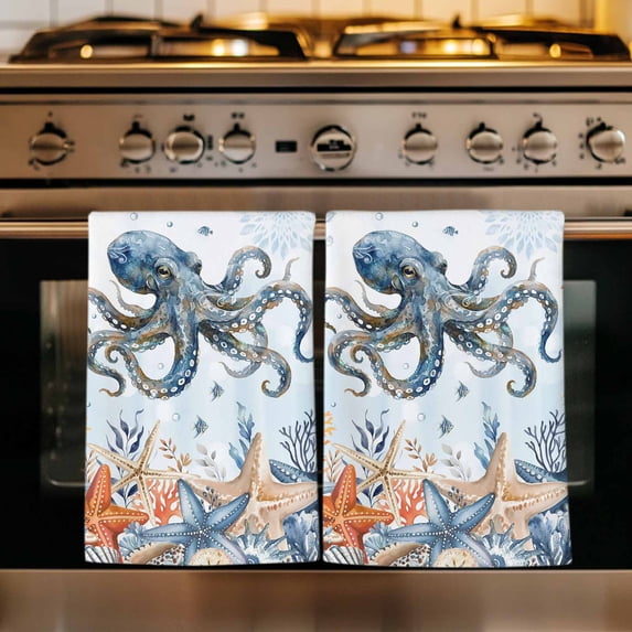 Octopus Coastal Kitchen Towels Set of 3, Summer Beach Blue Ombre Coral Starfish Absorbent Dish Towels for Kitchen, Microfiber Hand Towel, Quick Drying Tea Towel for Cleaning Decorative Dishcloths