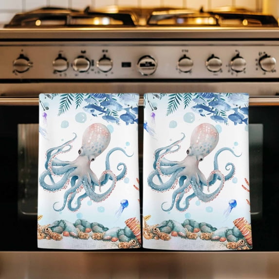 Octopus Coastal Kitchen Towels Set of 4, Summer Nautical Starfish Coral Ocean Absorbent Dish Towels for Kitchen, Microfiber Hand Towel, Quick Drying Tea Towel for Cleaning Decorative Dishcloths