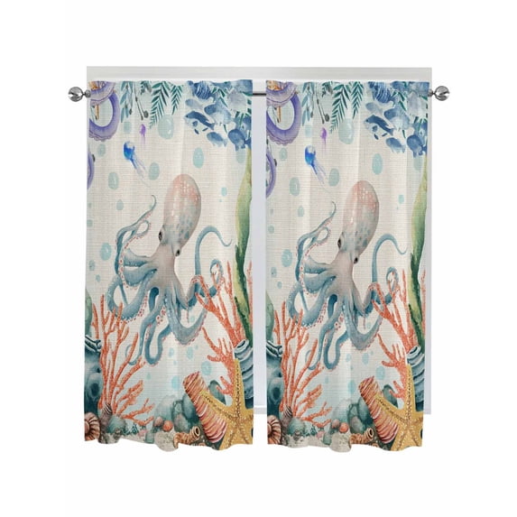 Octopus Coastal Living Room Curtains 2 Panel, Summer Nautical Starfish Coral Beige Cafe Window Treatment, Extra Long Farmhouse Bedroom Bathroom Kitchen Curtains Drapes 104"x72"
