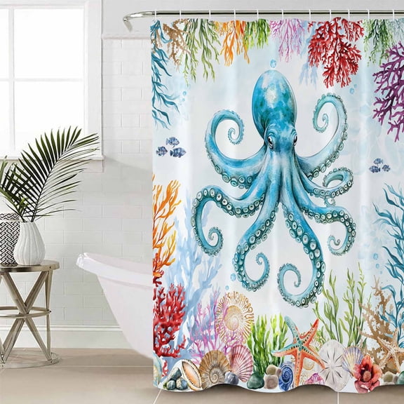 Octopus Coastal Long Shower Curtain Set, Waterproof Shower Curtains for Bathroom, Blue Nautical Summer Beach Ocean Washable Fabric Cloth Bath Curtain for Bathtub Decoration with Hooks 72x84 Inches