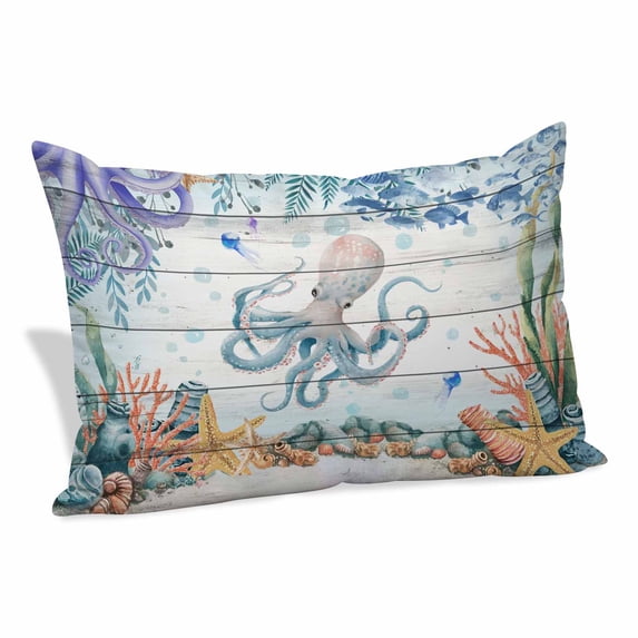 Octopus Coastal Pillow Covers, Linen Long Throw Pillow Case, Summer Nautical Starfish Coral Grey Wooden Holiday Pillow Protector Decorative Cushion Cover for Living Room/Bedroom 20" x 36"