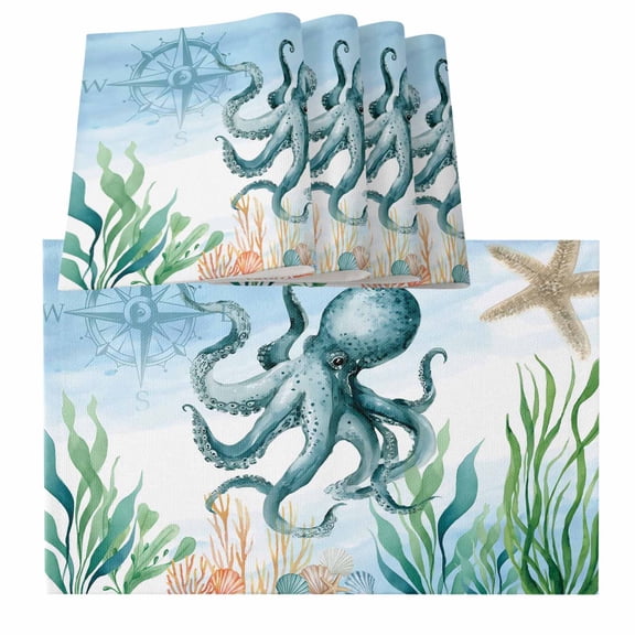 Octopus Coastal Placemats for Dinning Table Set of 4, Summer Beach Nautical Starfish Compass Burlap Kitchen Place Mats Waterproof Cloth Table Mats, Indoor Outdoor Placemats Easy Clean Dinner Decor