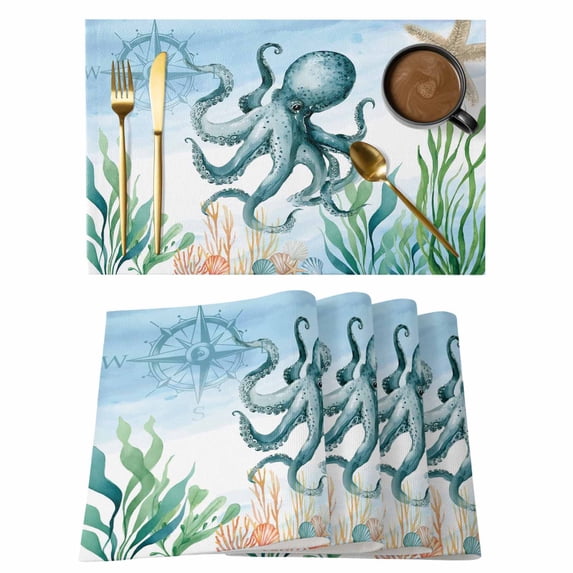 Octopus Coastal Placemats Set of 4, Summer Beach Nautical Starfish Compass Placemats for Dining Table, Place Mats for Kitchen Tabletop, Waterproof Wipeable Dining Table Mats Set