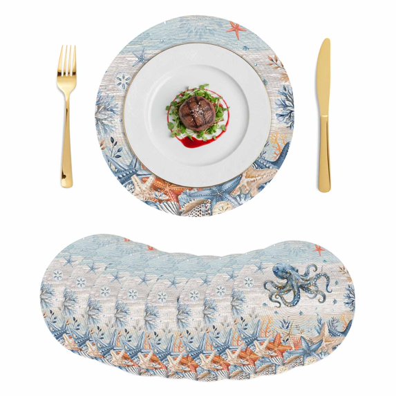 Octopus Coastal Round 13 Inch Placemats Set of 8, Summer Beach Coral Starfish Blue Grey HeatResistant Non Slip Place Mats for Dining Table, Wipeable Braided Kitchen Table Mats for Housewarming