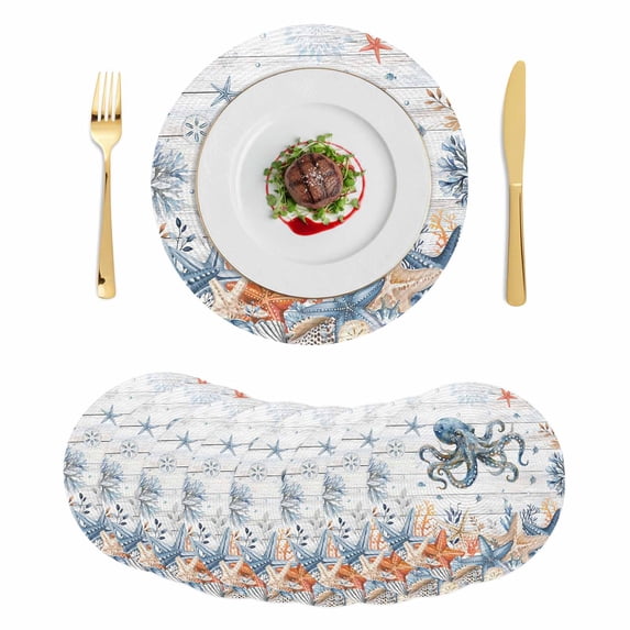 Octopus Coastal Round 15 Inch Placemats Set of 8, Summer Beach Coral Starfish Grey Wooden HeatResistant Non Slip Place Mats for Dining Table, Wipeable Braided Kitchen Table Mats for Housewarming