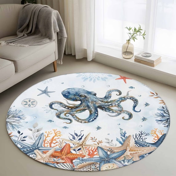 Octopus Coastal Round Area Rug 3.3Ft Washable Circle Rugs for Dining Room Table, Summer Beach Blue Ombre Coral Starfish Non-Slip Carpet Floor Mats Indoor Outdoor Carpet Runner Aesthetic Home Decor