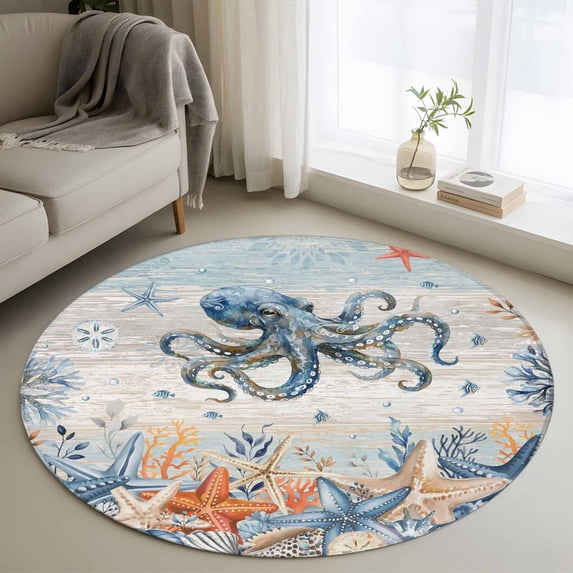Octopus Coastal Round Area Rug 3.3Ft Washable Circle Rugs for Dining Room Table, Summer Beach Coral Starfish Blue Grey Non-Slip Carpet Floor Mats Indoor Outdoor Carpet Runner Aesthetic Home Decor