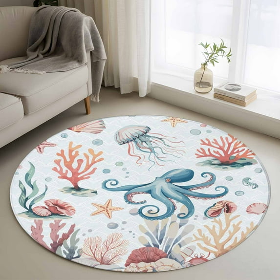 Octopus Coastal Round Area Rug 3Ft Washable Small Circle Rugs for Kitchen Entryway, Summer Beach Ocean Shell Jellyfish Starfish Non-Slip Carpet Floor Mats Indoor Outdoor Carpet Runner Home Decor