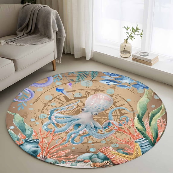 Octopus Coastal Round Rug 3ft Washable Circle Entryway Rugs Non Slip Summer Nautical Starfish Coral Brown Anchor Area Rug Indoor Floor Carpet for Bedroom Kitchen Living Room Home Office Dining Room