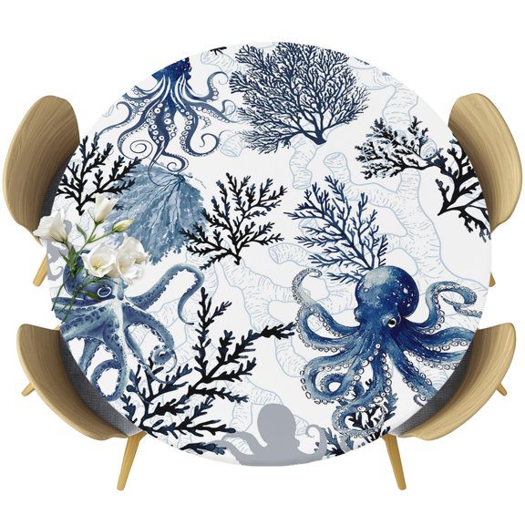 Octopus Coastal Round Tablecloth 45-54 Inch Round Fitted Table Cloth with Elastic Edge, Navy Blue Nautical Summer Ocean Waterproof Table Cover Protector for Outdoor Picnic Party Dining
