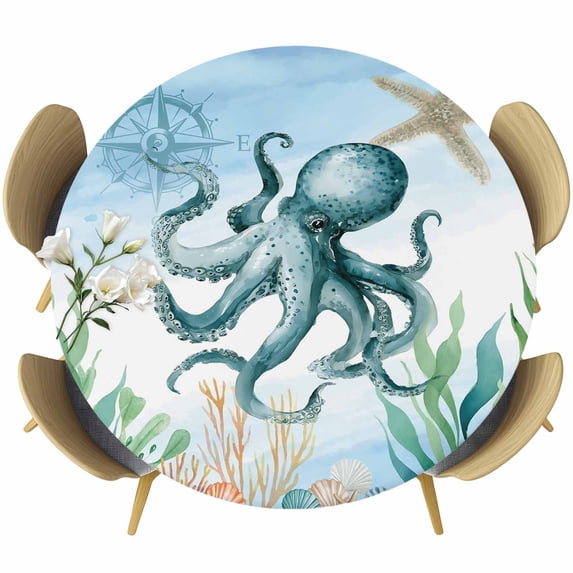 Octopus Coastal Round Tablecloth, Fitted Table Cover with Elastic for 36"-44" Round Tables, Summer Beach Nautical Starfish Compass Table Cloth Outdoor Indoor Dinning Party Waterproof Tablecloths