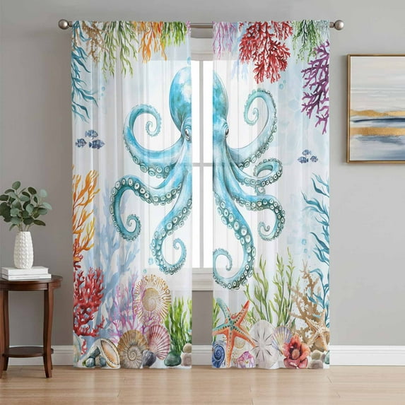Octopus Coastal Semi Sheer Window Curtains 96 Inches Long, Blue Nautical Summer Beach Ocean Rod Pocket Voile Silky Chiffon Curtain Light Filtering Drapes for Living Room, Kitchen, 52"x96", 2 Panels